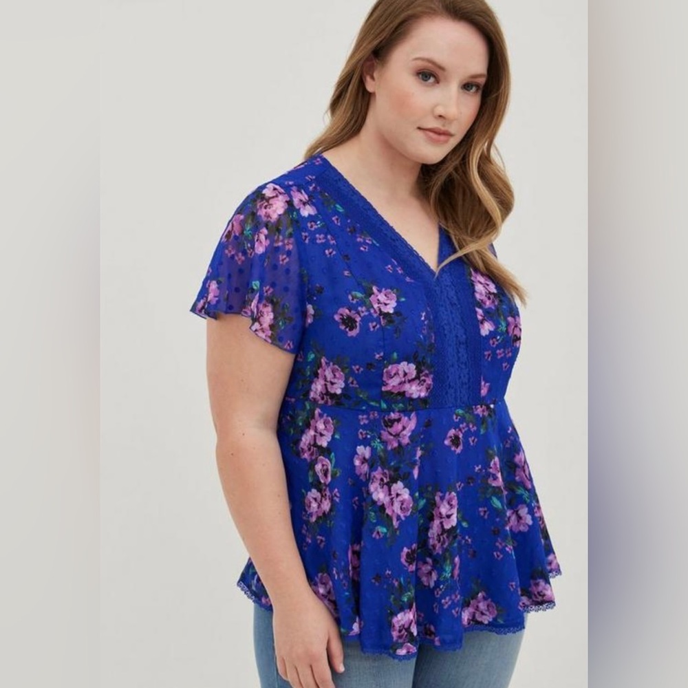 Torrid Blue Floral Peplum Chiffon Dot Lace Inset Top